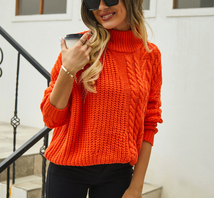 Solid Color Cable-Knit Half-High Neck Sweaters