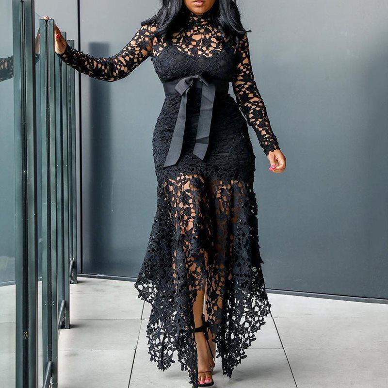 Long-Sleeved Stand Collar Tie-Front Asymmetric Dresses