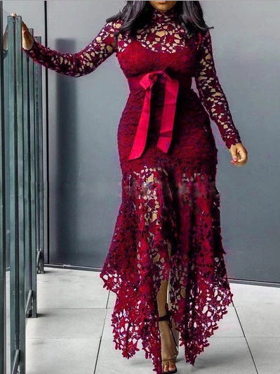 Long-Sleeved Stand Collar Tie-Front Asymmetric Dresses
