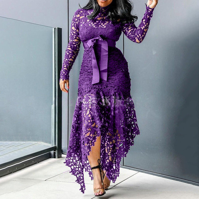 Long-Sleeved Stand Collar Tie-Front Asymmetric Dresses
