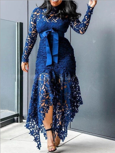 Long-Sleeved Stand Collar Tie-Front Asymmetric Dresses