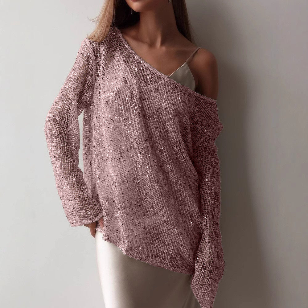 Openwork Oversized Long Sleeve Sequined Shirts