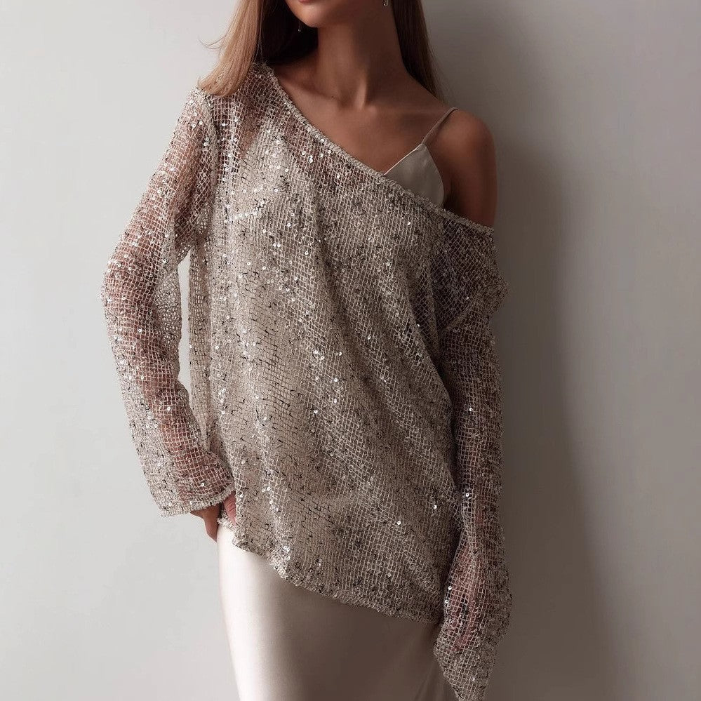 Openwork Oversized Long Sleeve Sequined Shirts