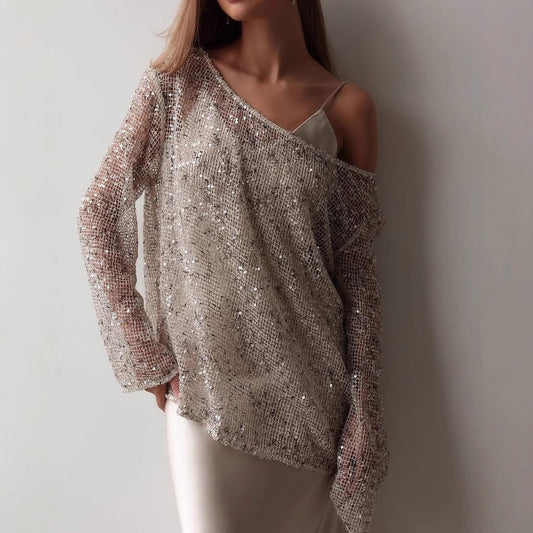 Openwork Oversized Long Sleeve Sequined Shirts