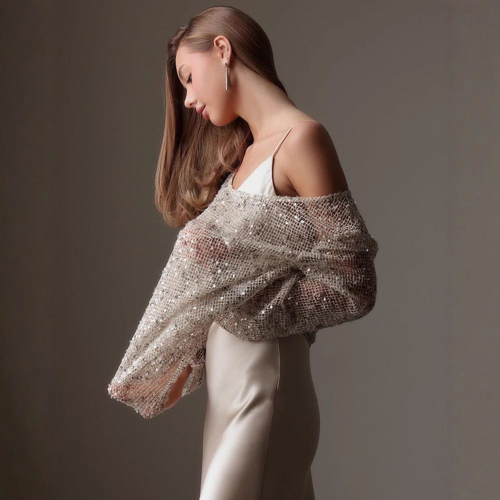 Openwork Oversized Long Sleeve Sequined Shirts