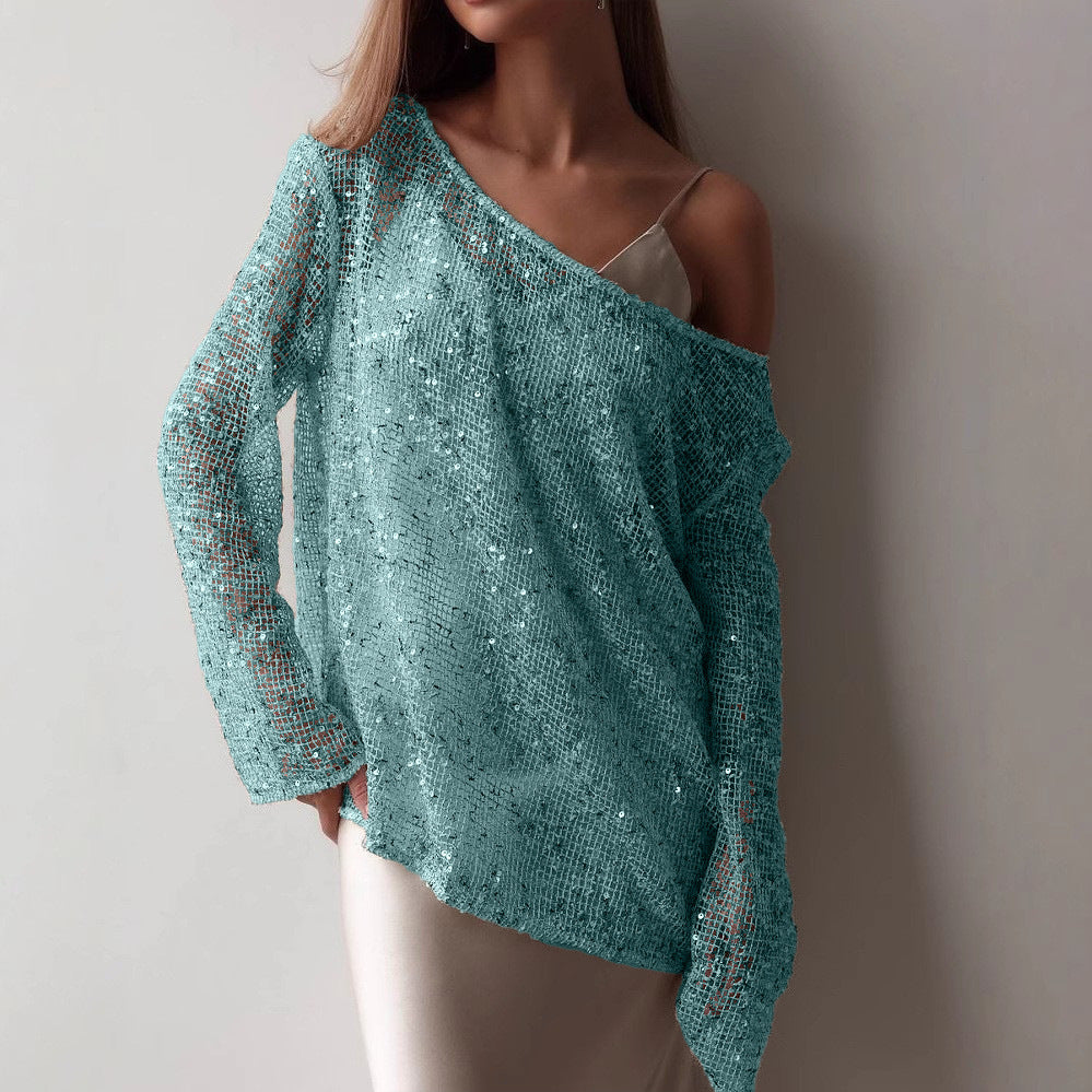 Openwork Oversized Long Sleeve Sequined Shirts