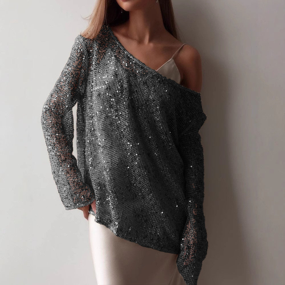 Openwork Oversized Long Sleeve Sequined Shirts