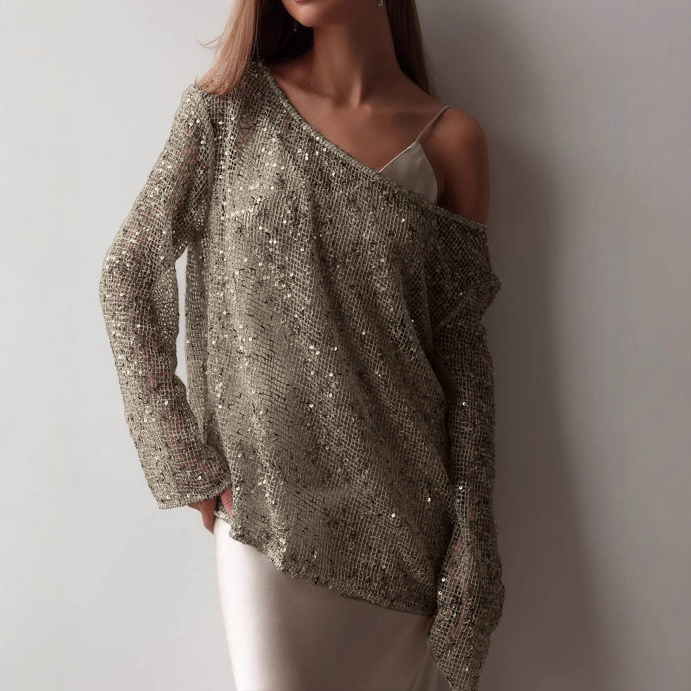 Openwork Oversized Long Sleeve Sequined Shirts