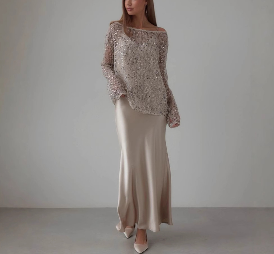 Openwork Oversized Long Sleeve Sequined Shirts