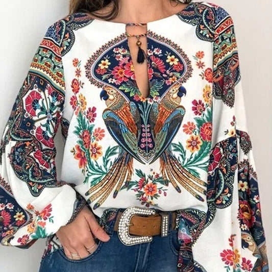 Printed Round-Neck Lantern-Sleeve Shirts