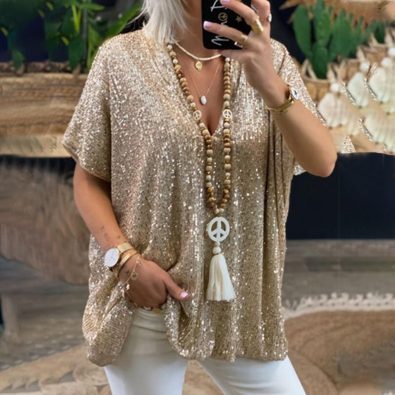 Solid Color Pullover Sequin V-Neck Shirts