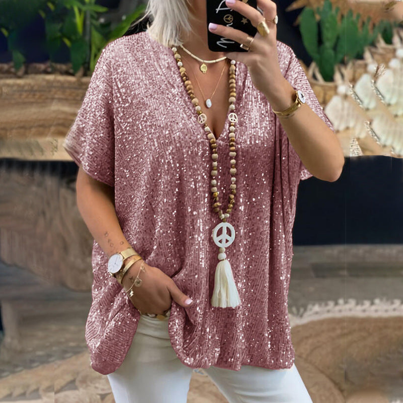 Solid Color Pullover Sequin V-Neck Shirts