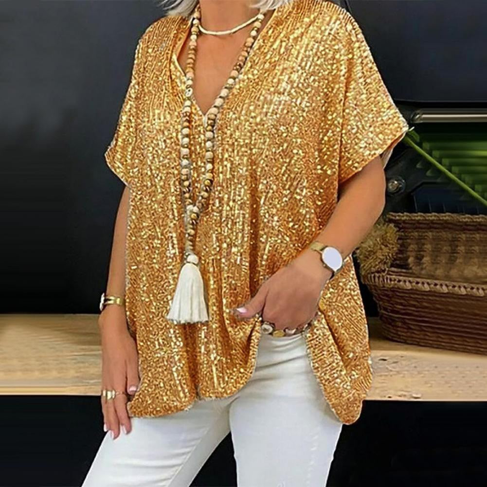 Solid Color Pullover Sequin V-Neck Shirts