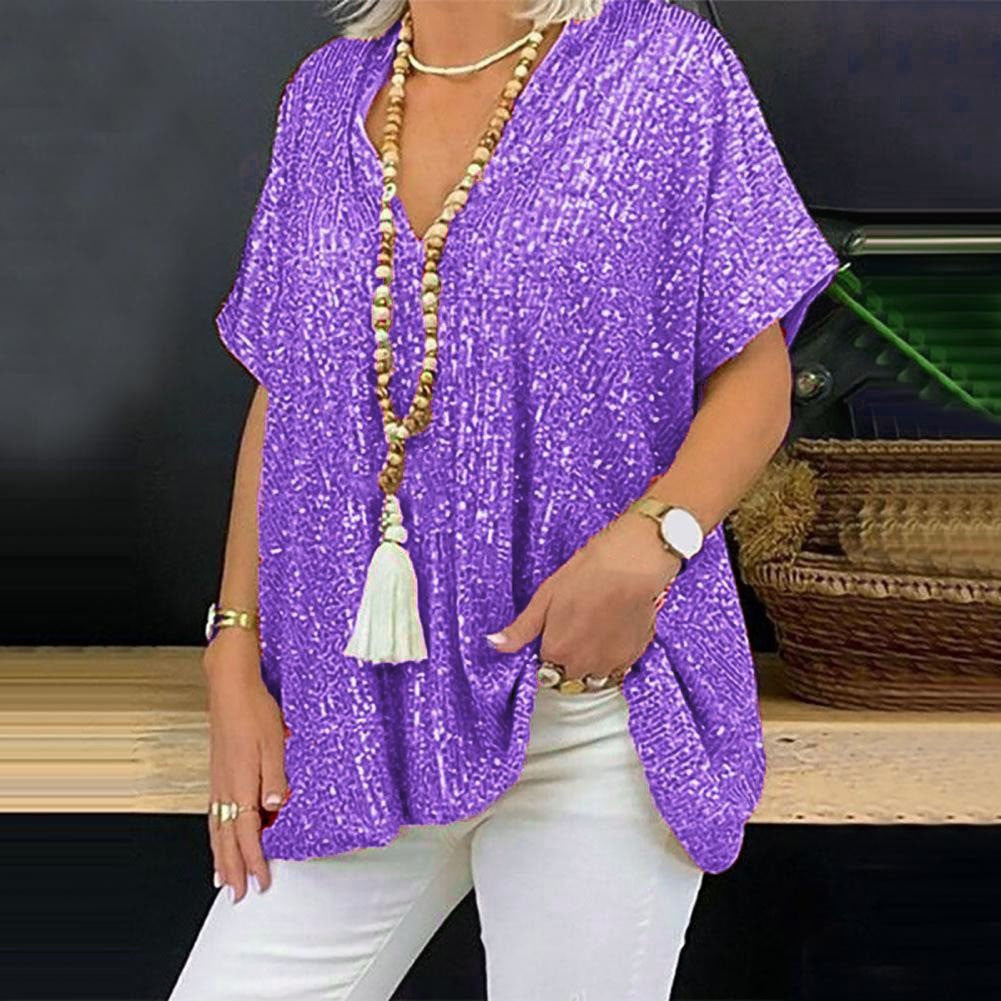 Solid Color Pullover Sequin V-Neck Shirts