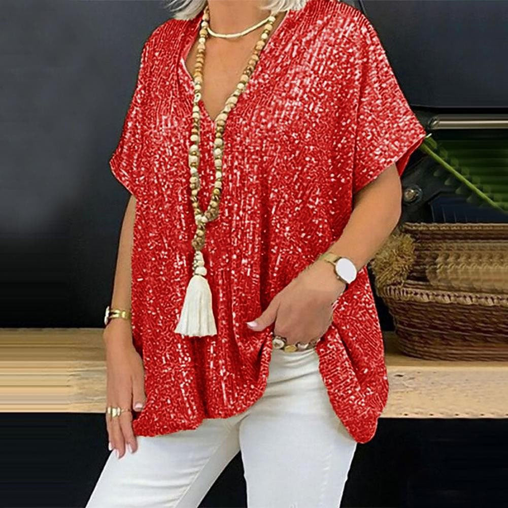 Solid Color Pullover Sequin V-Neck Shirts