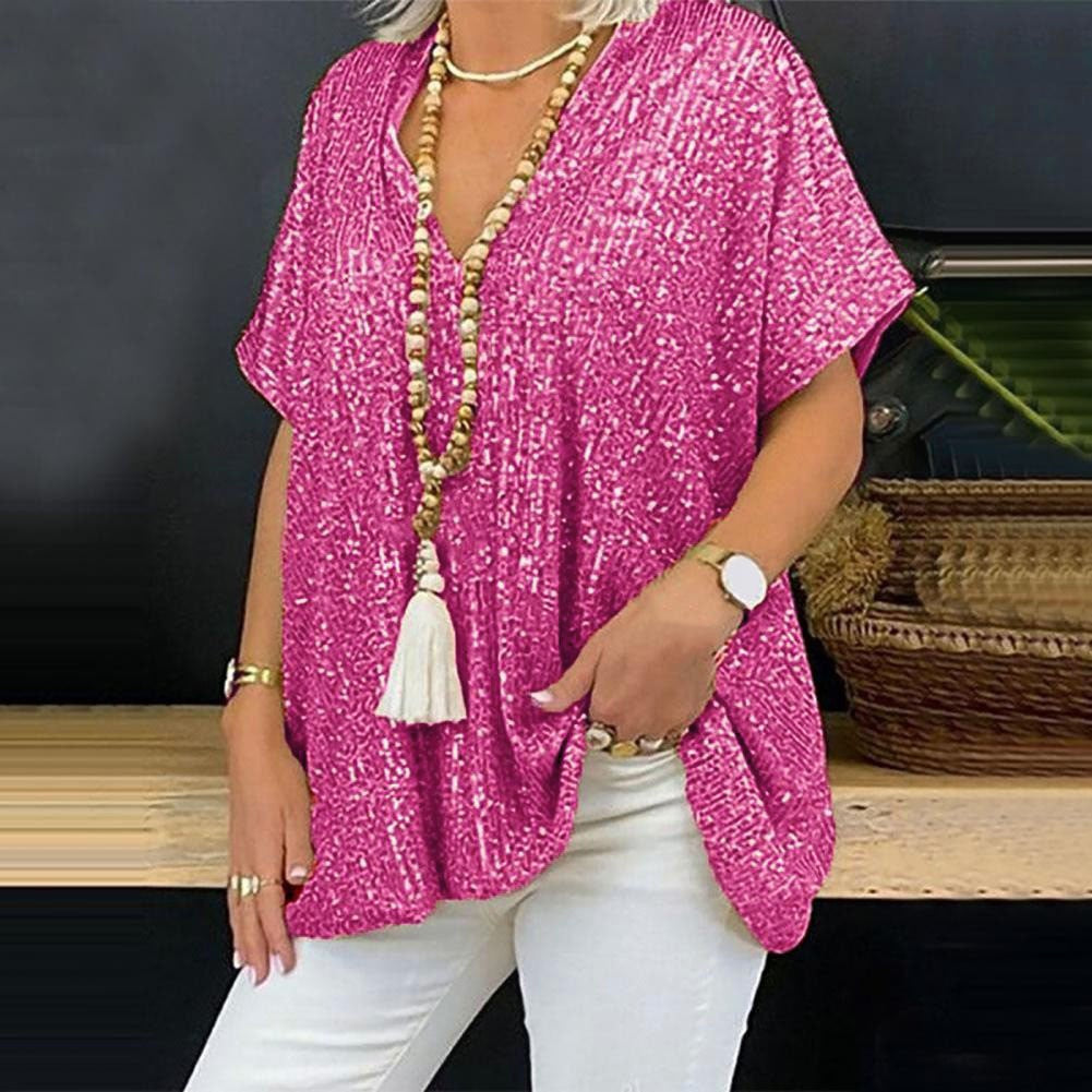 Solid Color Pullover Sequin V-Neck Shirts