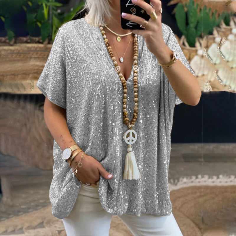 Solid Color Pullover Sequin V-Neck Shirts