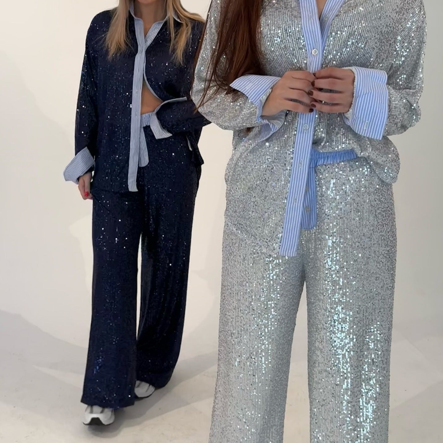 Sequin Blazer and Wide-Leg Pants Outfit Sets