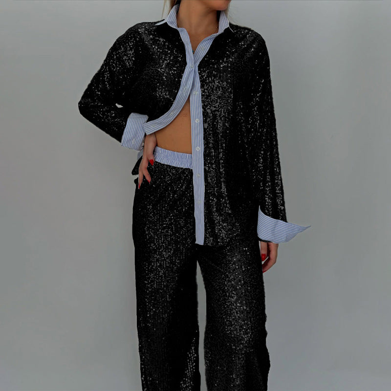 Sequin Blazer and Wide-Leg Pants Outfit Sets