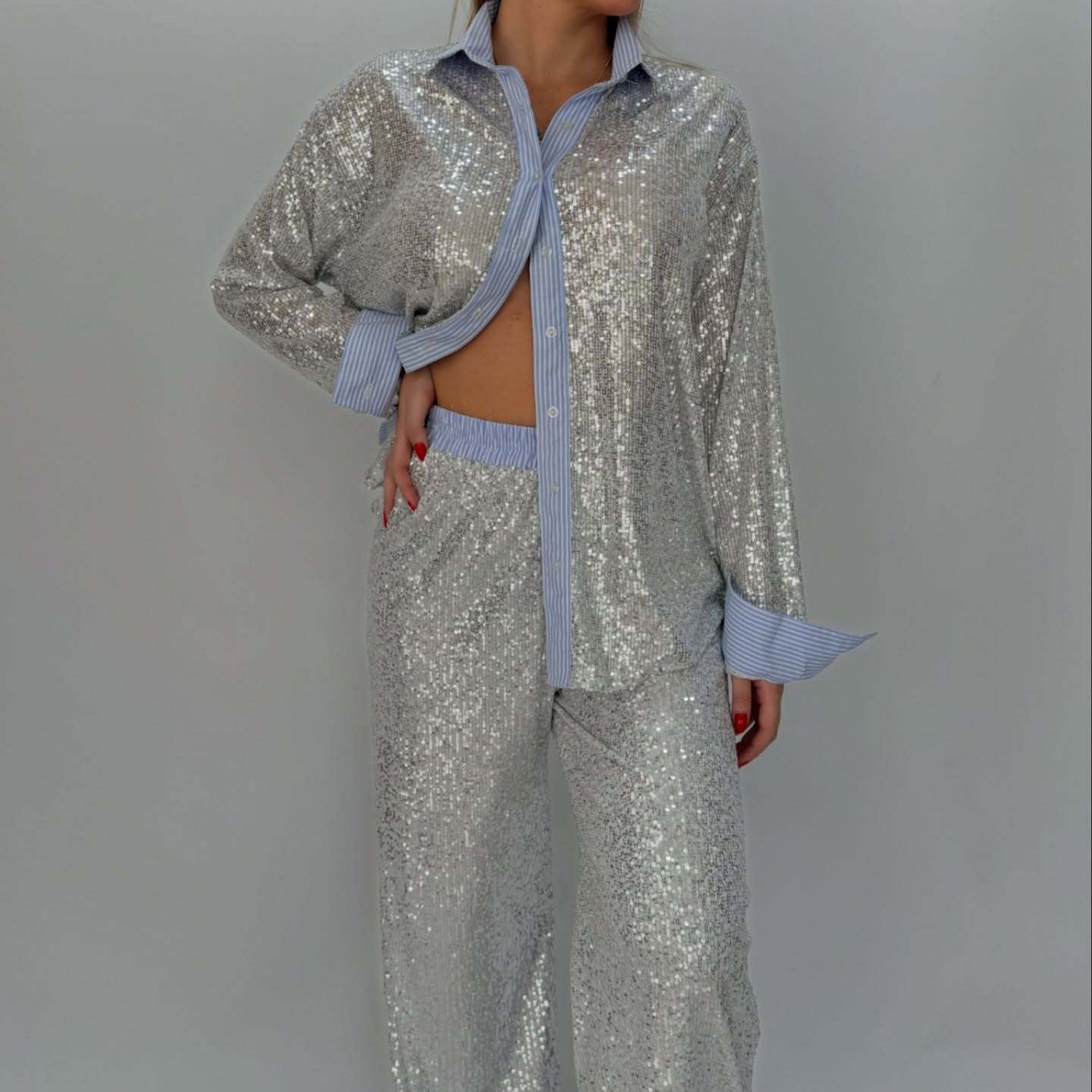 Sequin Blazer and Wide-Leg Pants Outfit Sets