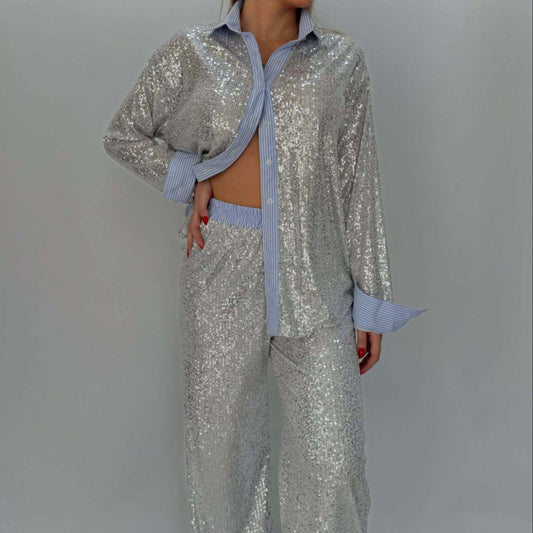 Sequin Blazer and Wide-Leg Pants Outfit Sets