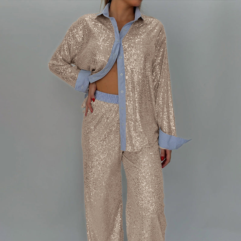 Sequin Blazer and Wide-Leg Pants Outfit Sets