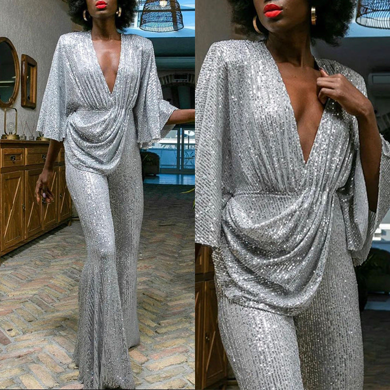 V-neck Sequin Jumpsuits