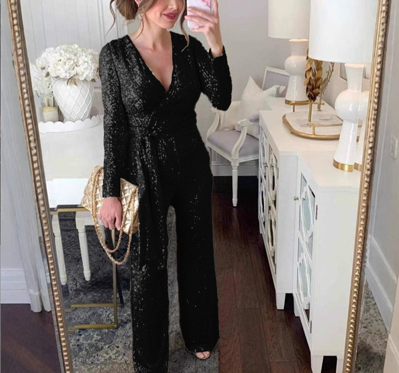 V-neck Long-Sleeve Fitted Jumpsuits