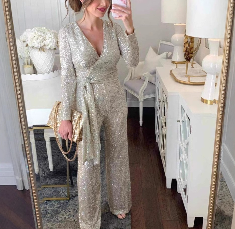 V-neck Long-Sleeve Fitted Jumpsuits