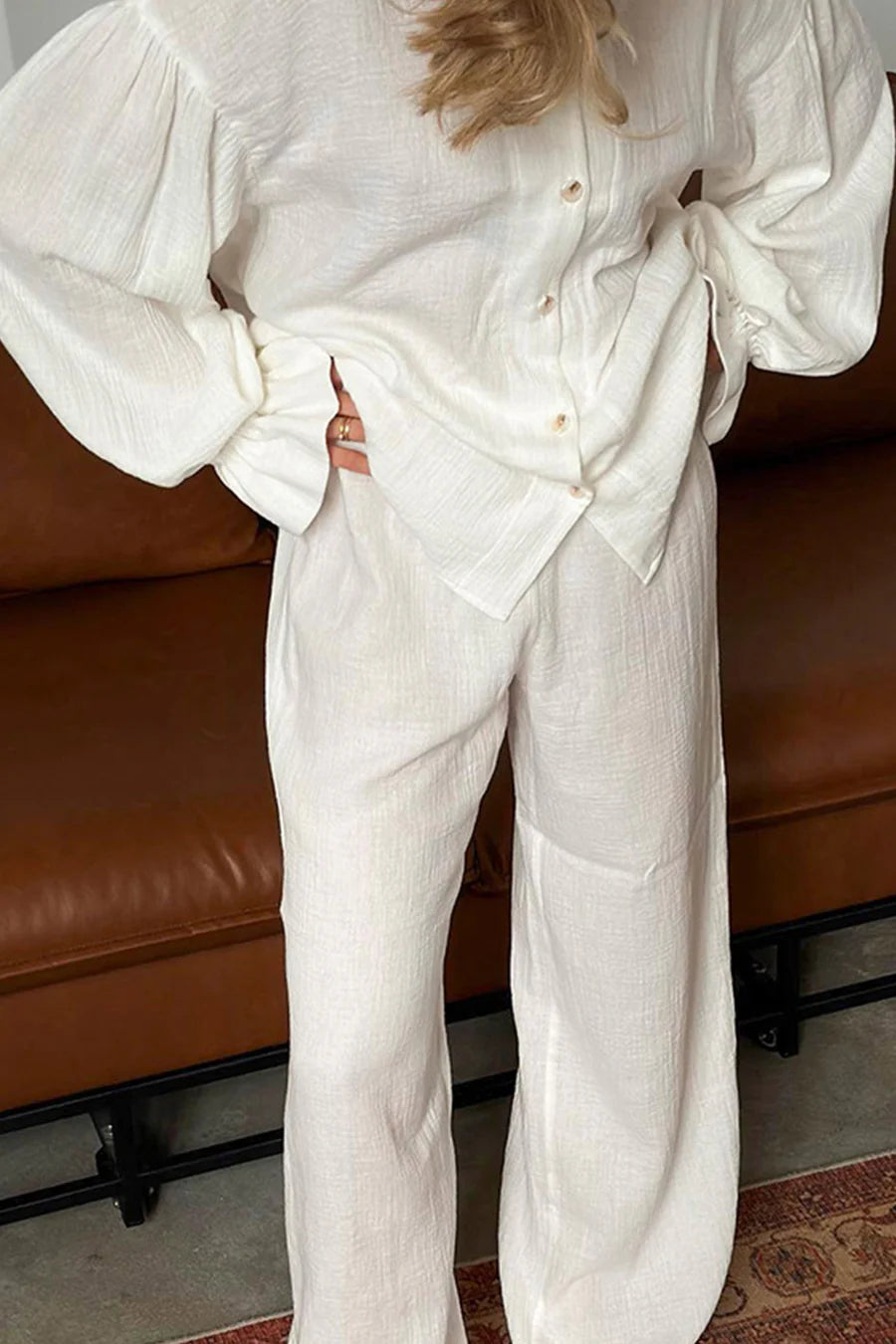 Cotton Flare Sleeve Cardigan Long Pants Sets