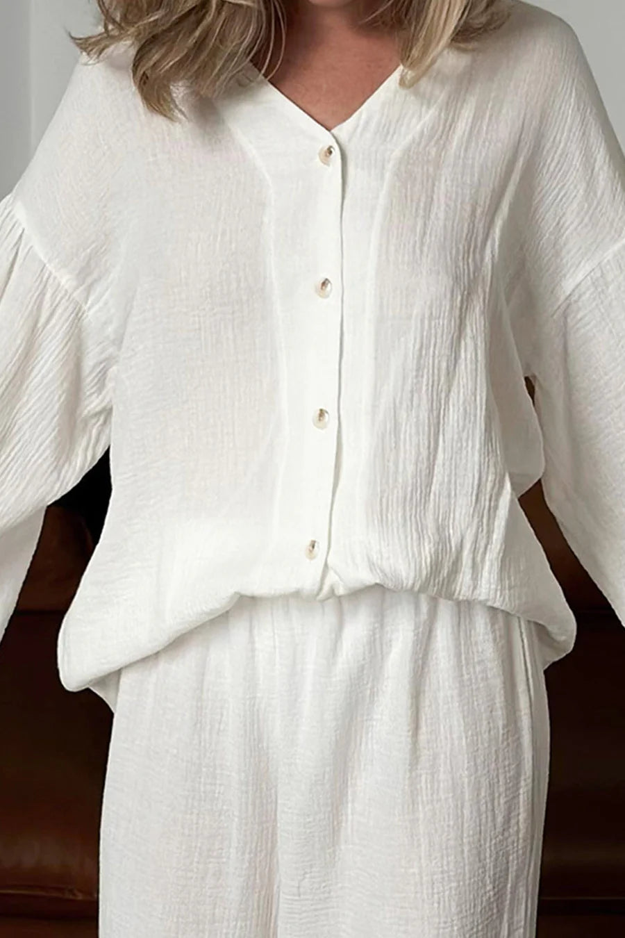 Cotton Flare Sleeve Cardigan Long Pants Sets