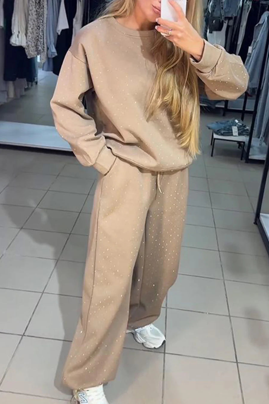 Rhinestone Sweatshirt Two-piece Outfit Sets