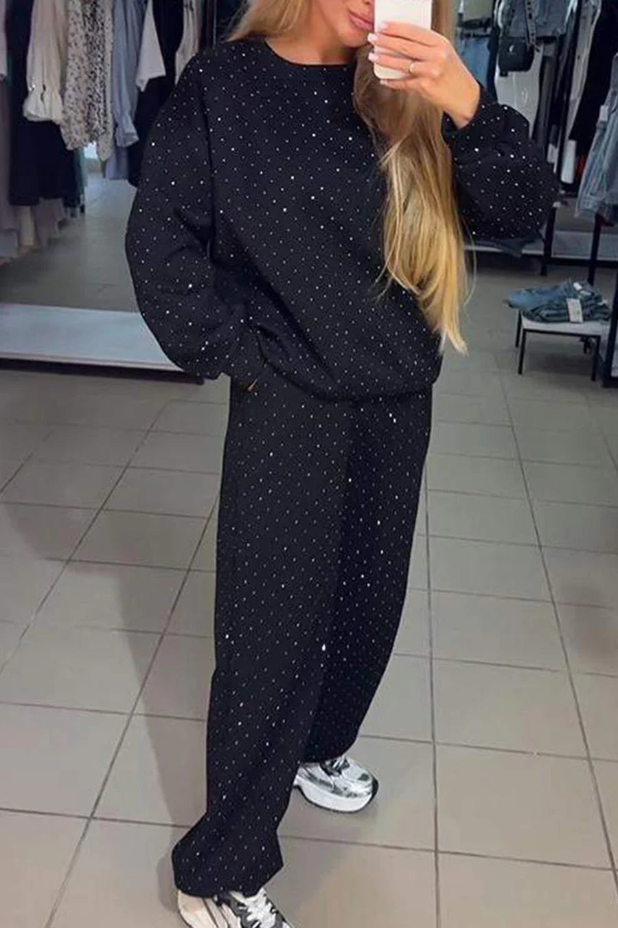 Rhinestone Sweatshirt Two-piece Outfit Sets