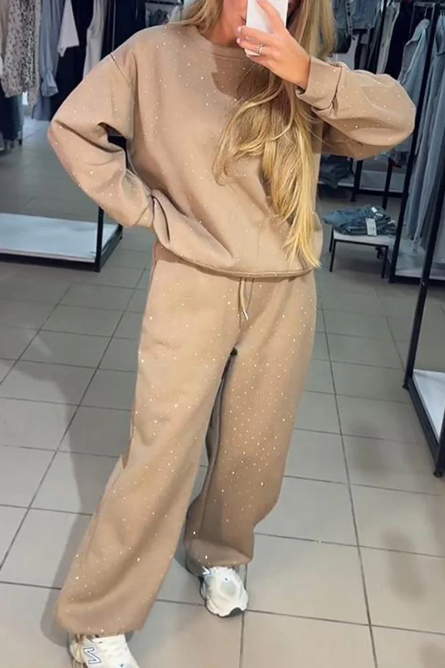 Rhinestone Sweatshirt Two-piece Outfit Sets