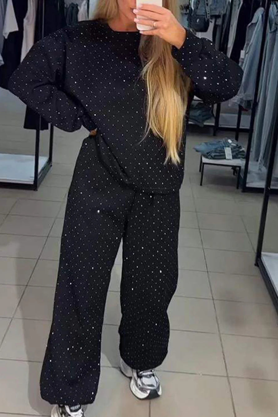 Rhinestone Sweatshirt Two-piece Outfit Sets