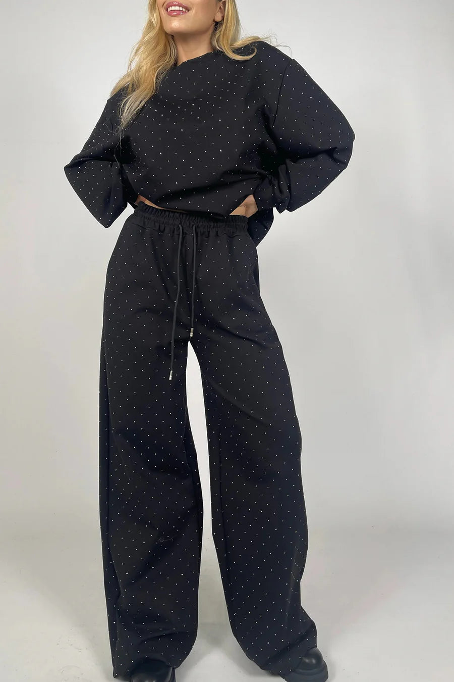 Rhinestone Sweatshirt Two-piece Outfit Sets