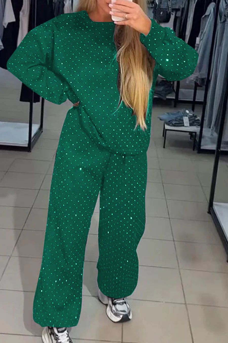 Rhinestone Sweatshirt Two-piece Outfit Sets