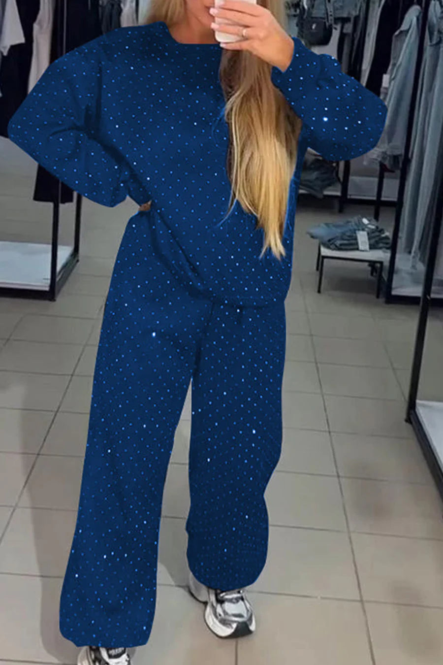 Rhinestone Sweatshirt Two-piece Outfit Sets