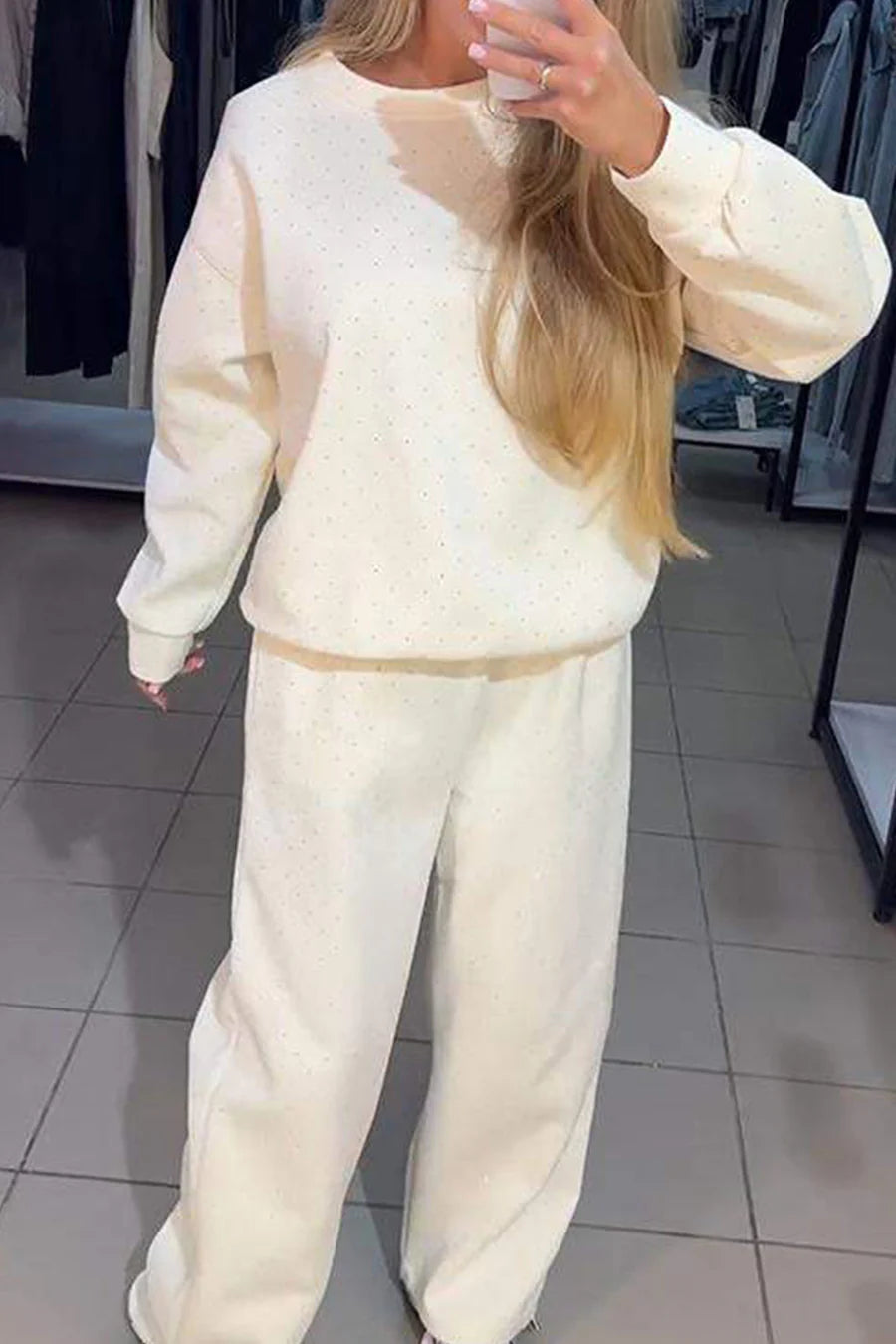 Rhinestone Sweatshirt Two-piece Outfit Sets