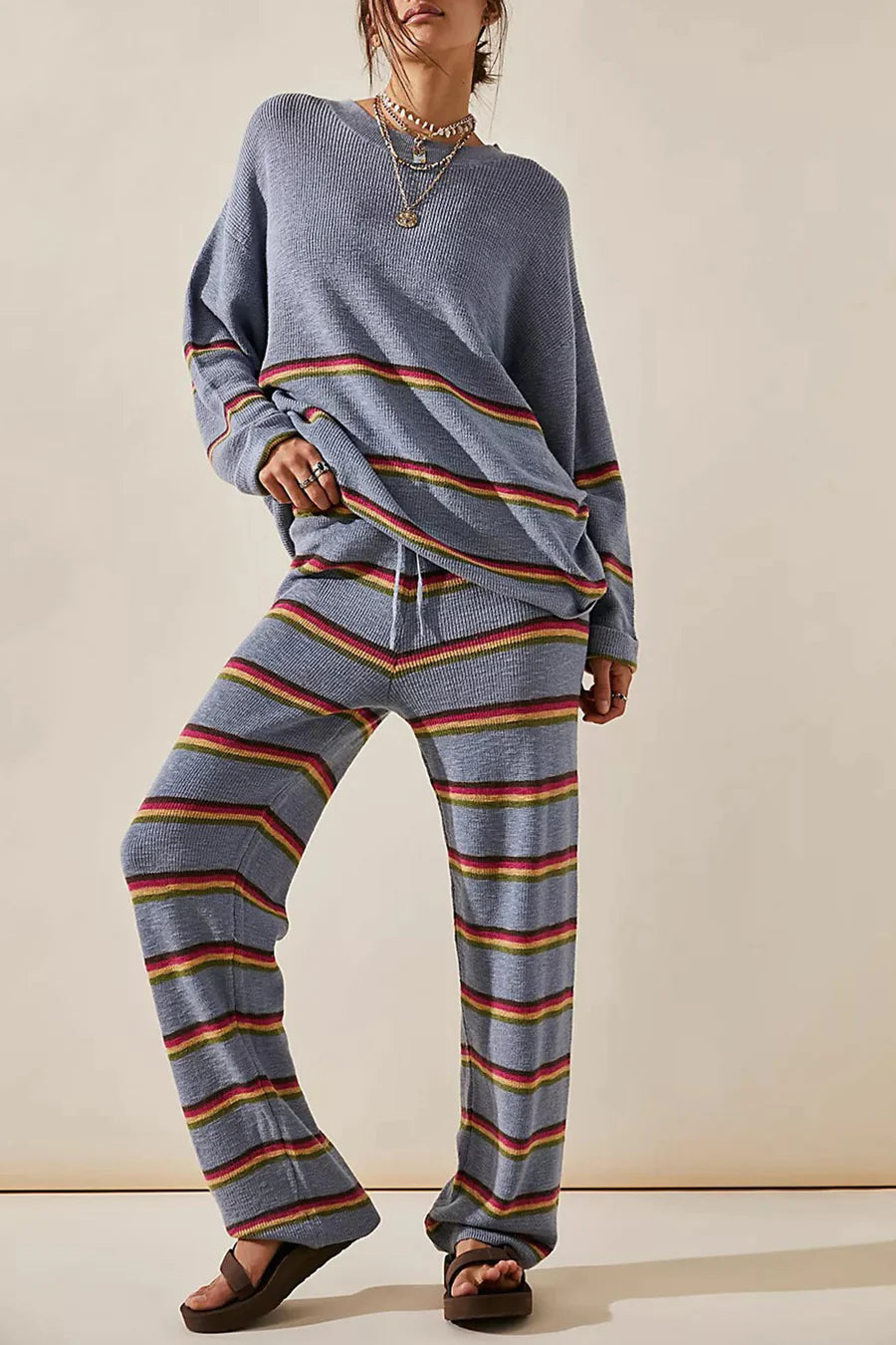 Contrast Striped Long Sleeve Sweater Two Piece Outfit Sets