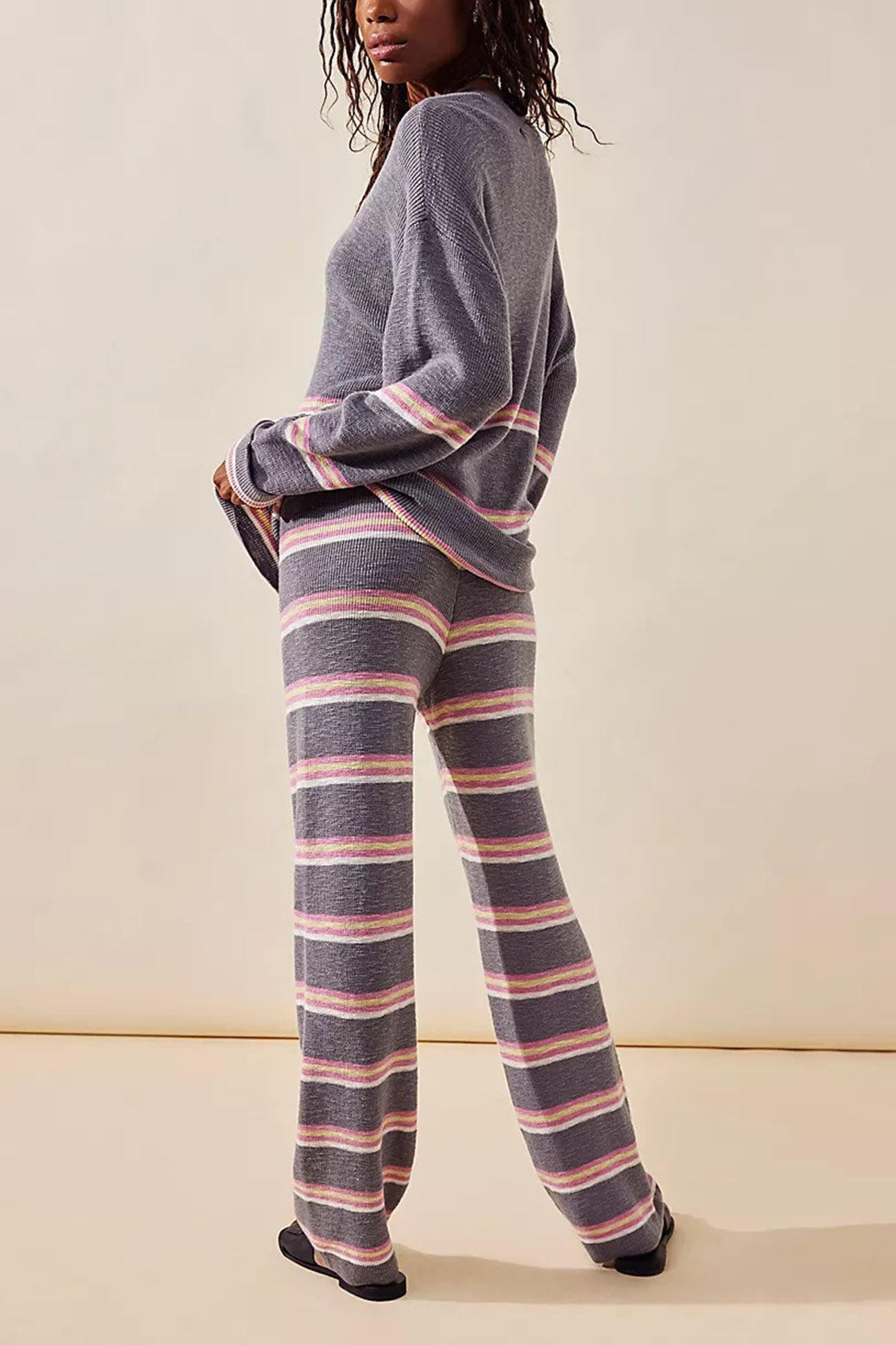 Contrast Striped Long Sleeve Sweater Two Piece Outfit Sets