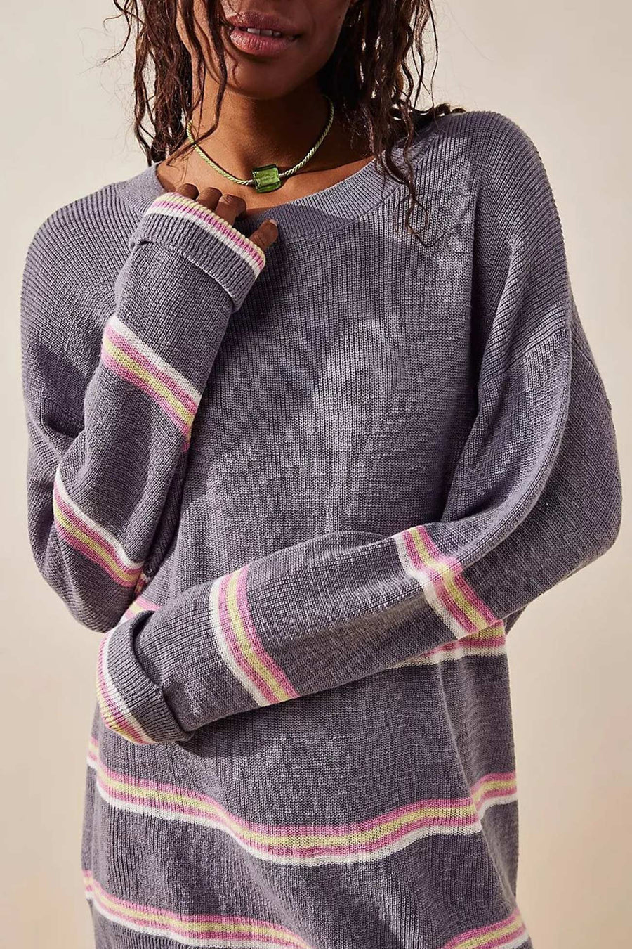 Contrast Striped Long Sleeve Sweater Two Piece Outfit Sets