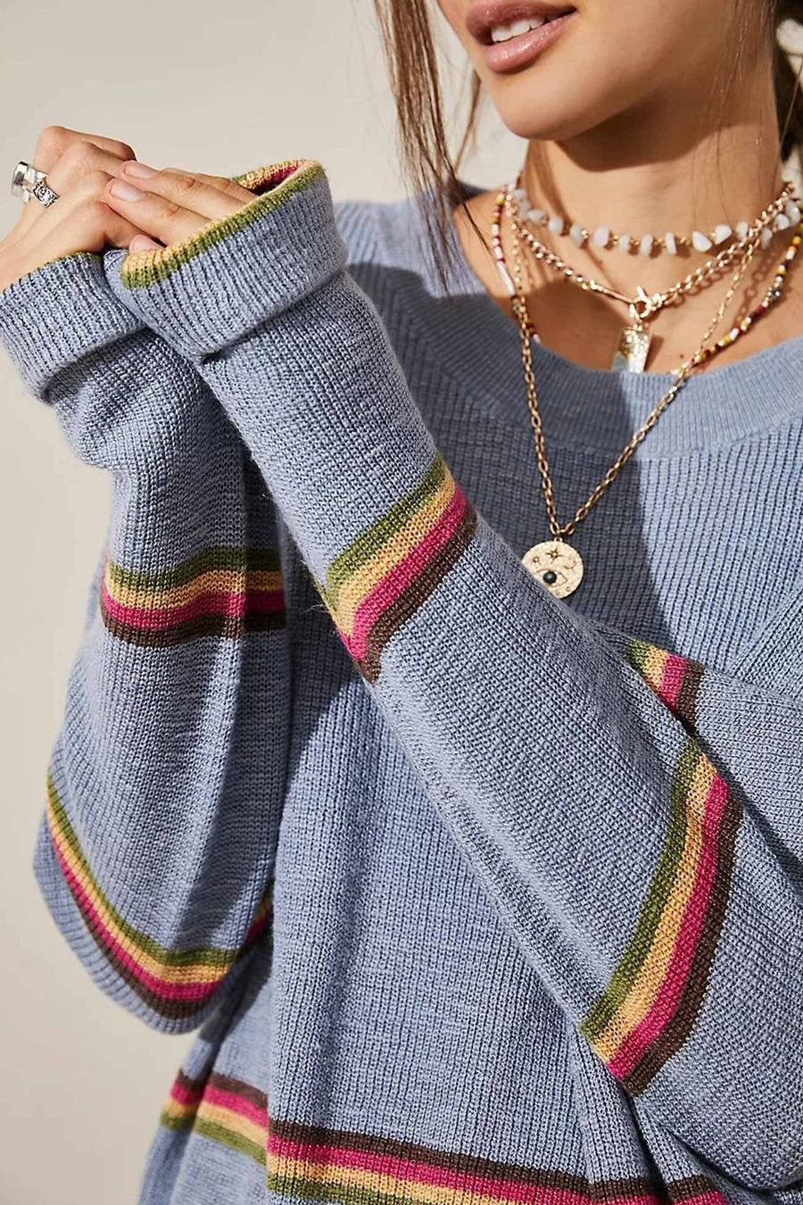 Contrast Striped Long Sleeve Sweater Two Piece Outfit Sets