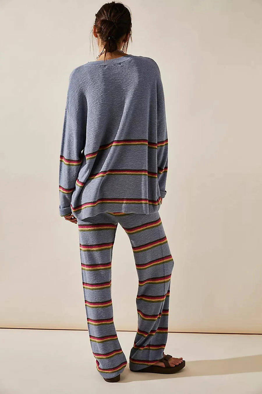 Contrast Striped Long Sleeve Sweater Two Piece Outfit Sets