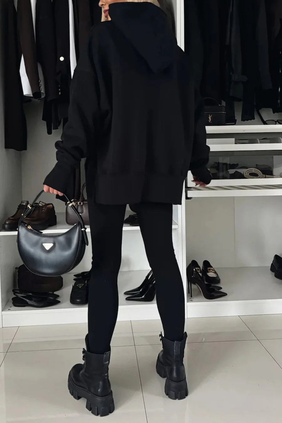 Printed Slit Hem Hoodie Leeging Outfit Sets