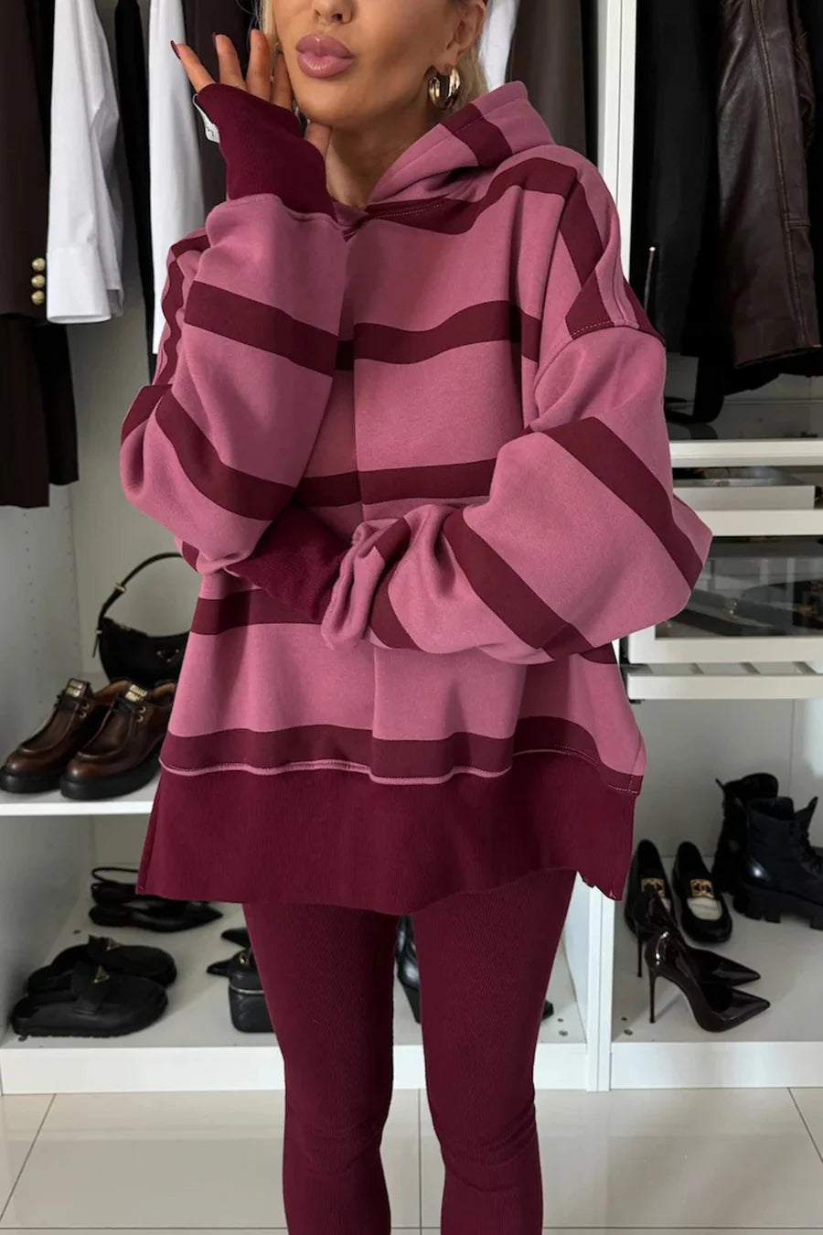 Printed Slit Hem Hoodie Leeging Outfit Sets