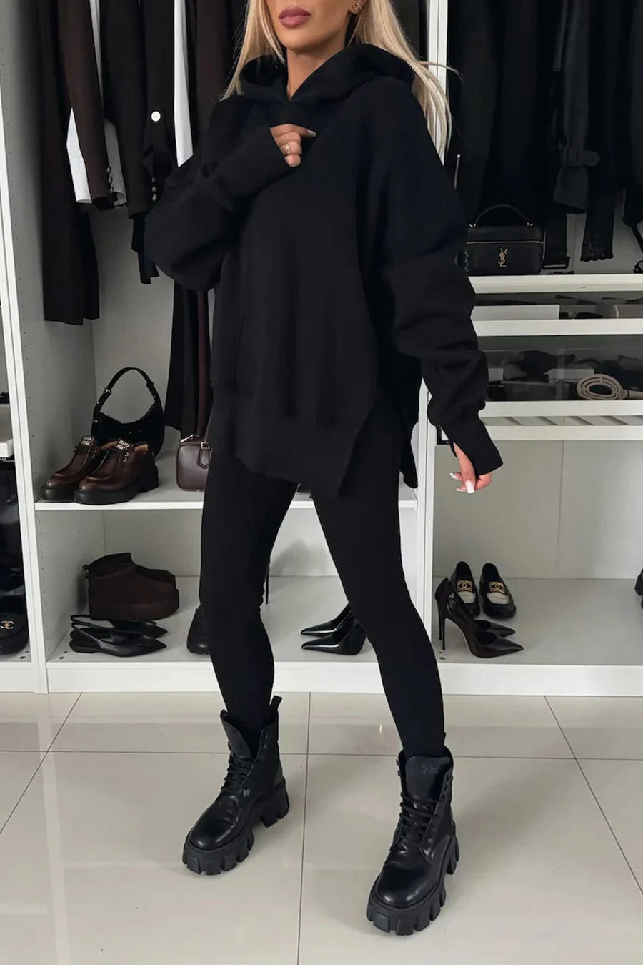 Printed Slit Hem Hoodie Leeging Outfit Sets