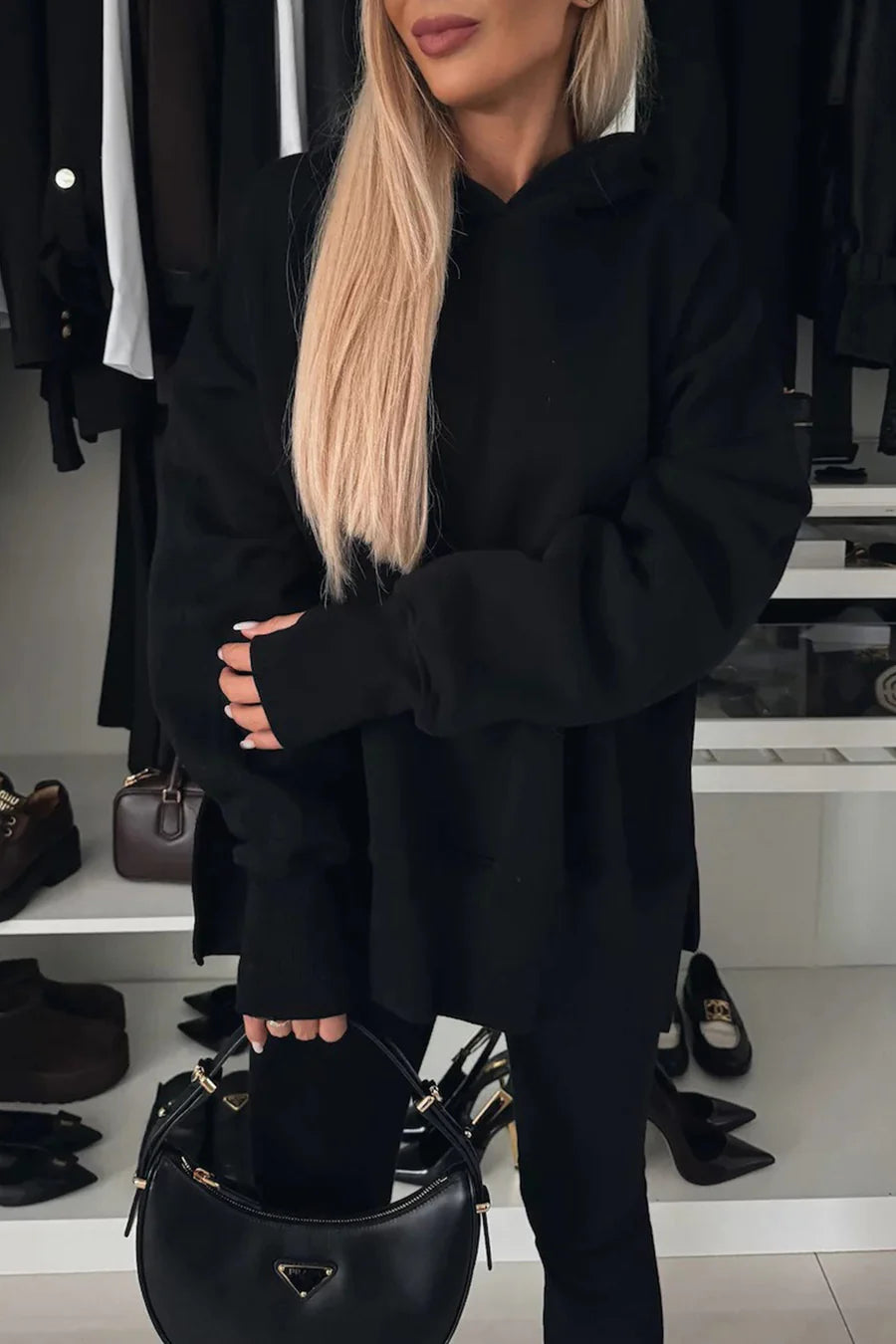 Printed Slit Hem Hoodie Leeging Outfit Sets