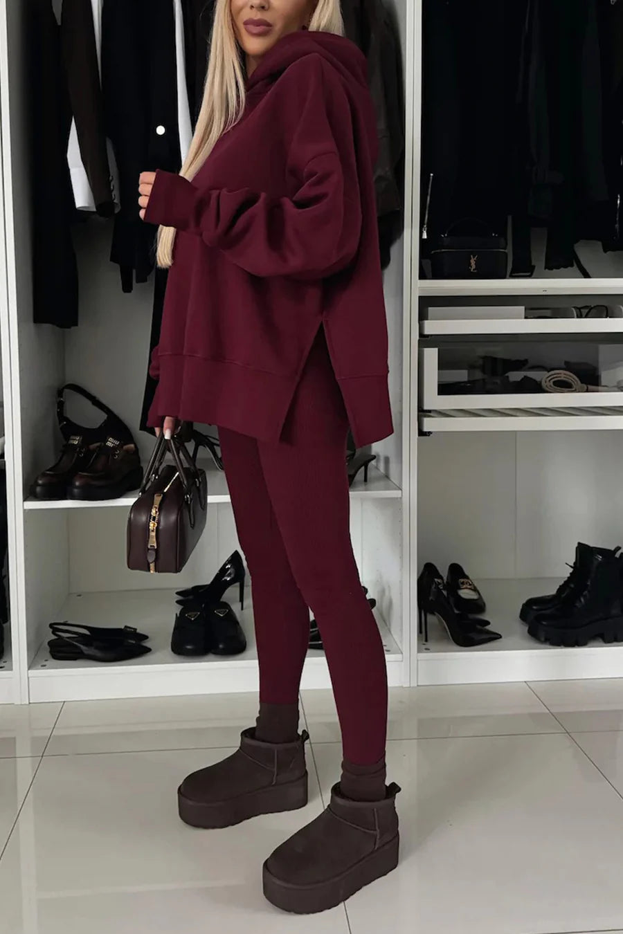 Printed Slit Hem Hoodie Leeging Outfit Sets