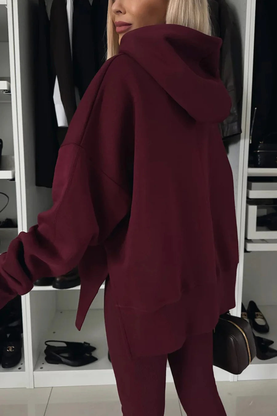 Printed Slit Hem Hoodie Leeging Outfit Sets